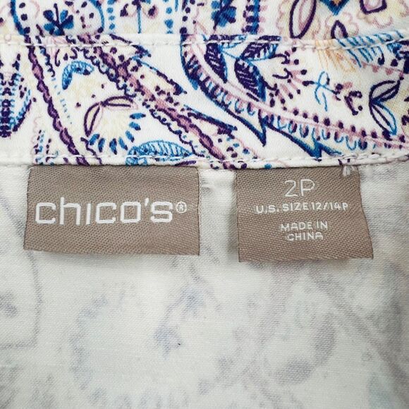 Chico's Sateen Button Down Shirt Jacket 2/12 Petite White Blue Paisley Print - Picture 5 of 9